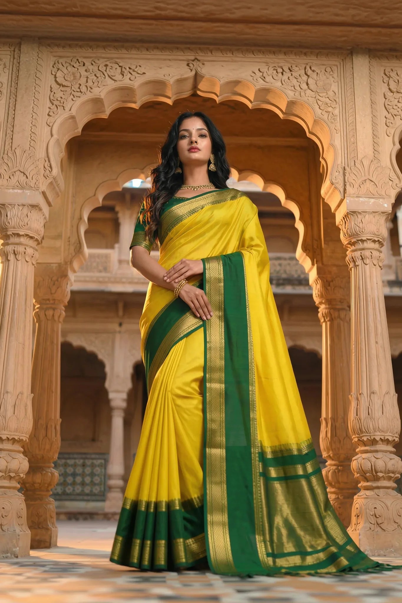 Elegant Crape Georgette Saree in Vibrant Yellow with Green Zari Border