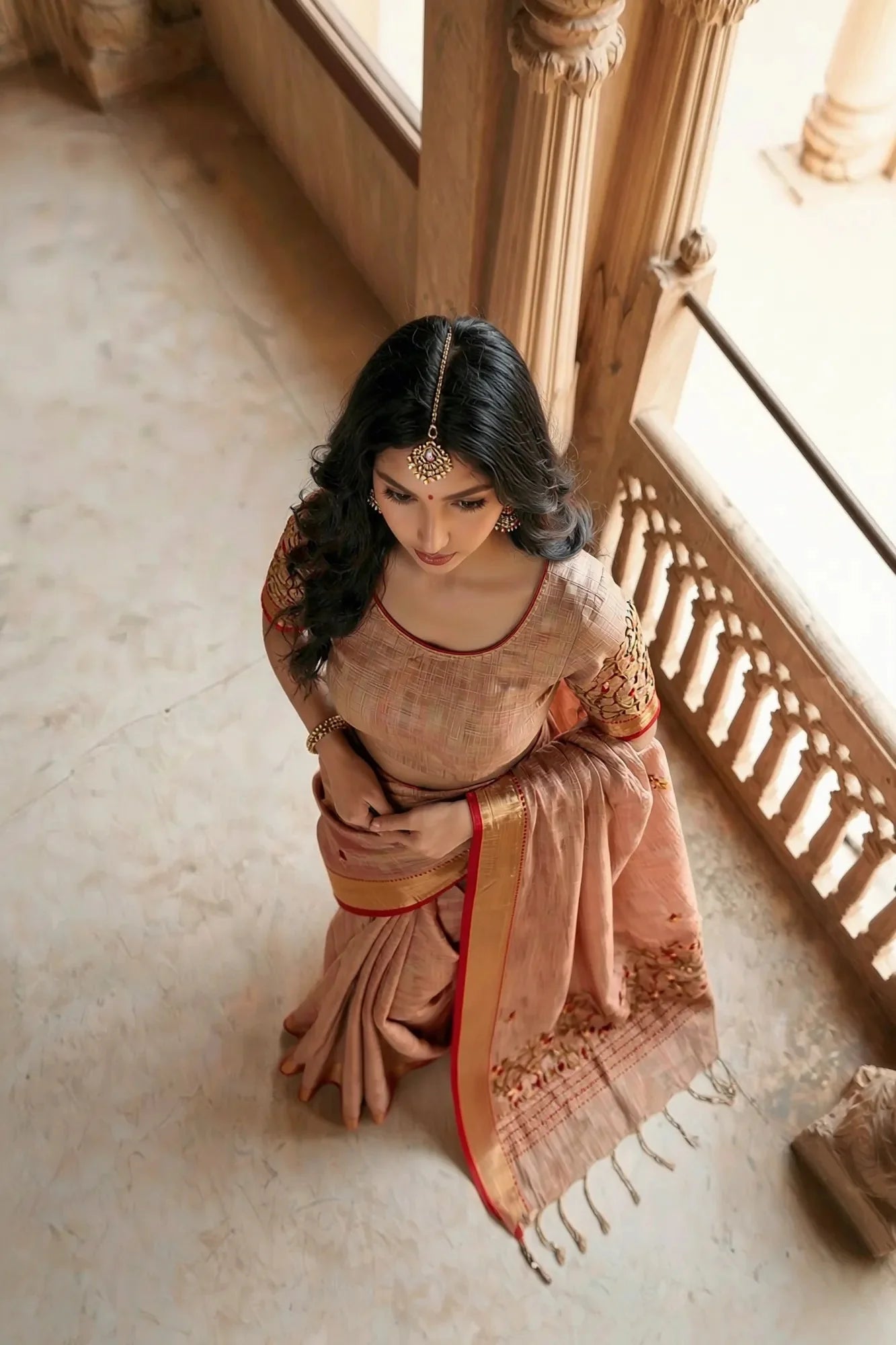 Elegant Copper Rust Crush Tissue Saree with Embroidery