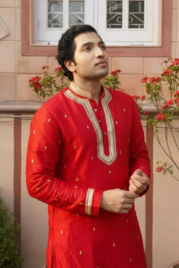 Red Moscow Silk Kurta Set