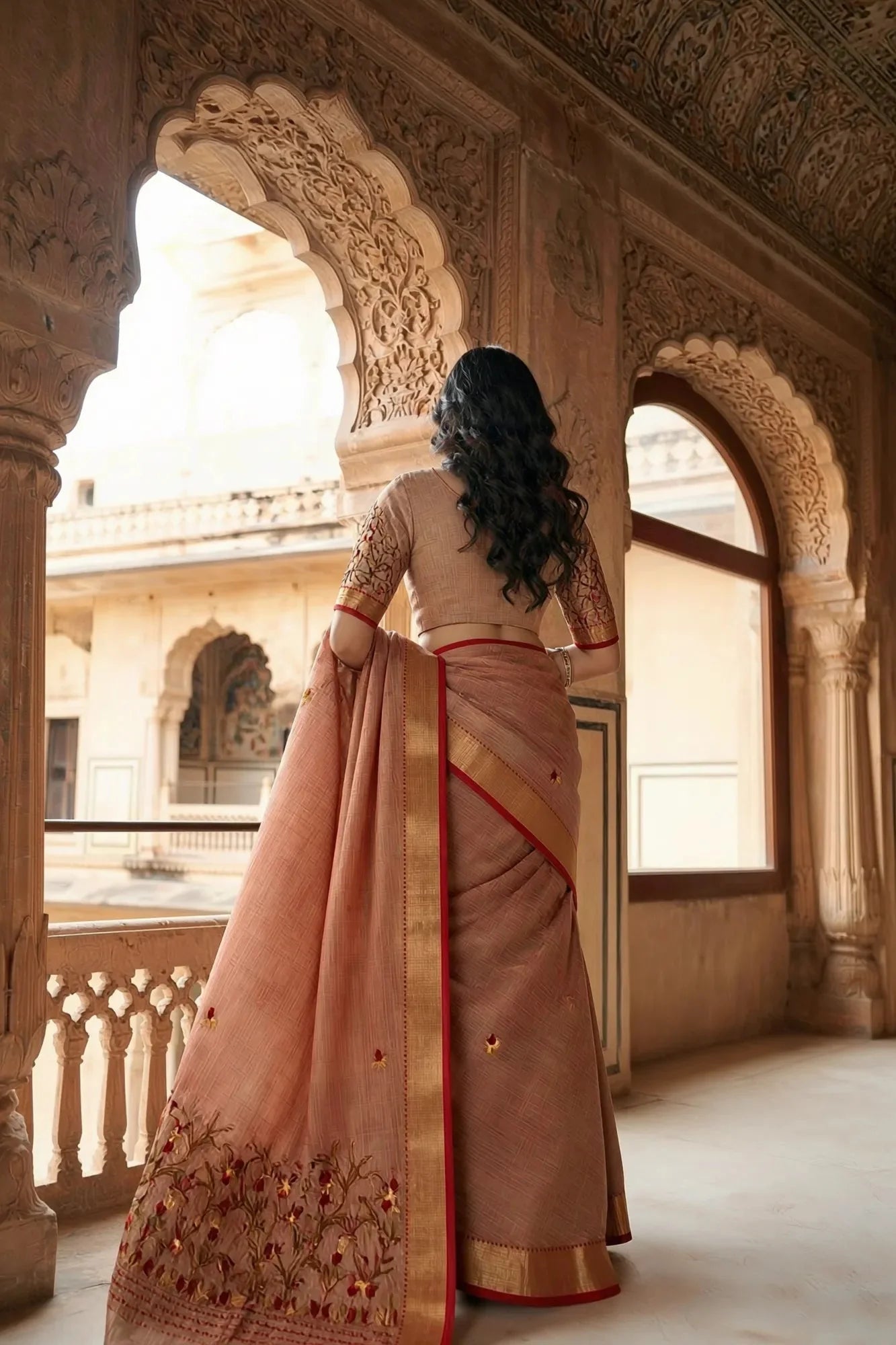 Elegant Copper Rust Crush Tissue Saree with Embroidery