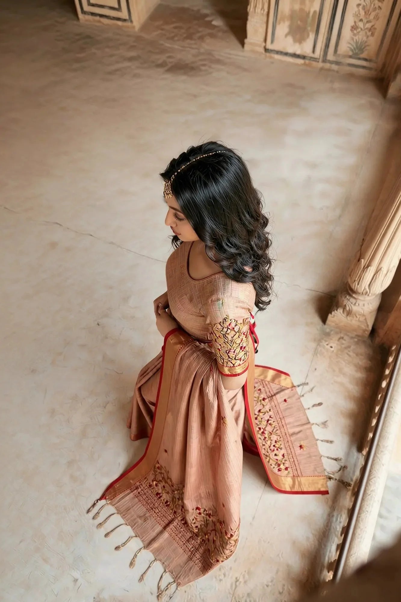 Elegant Copper Rust Crush Tissue Saree with Embroidery