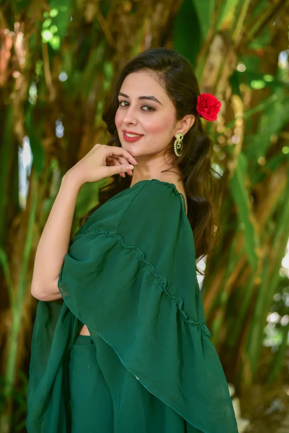 Bottle Green Georgette Sharara Saree Set - Luxury Fashion by Saroj Jain - View 3