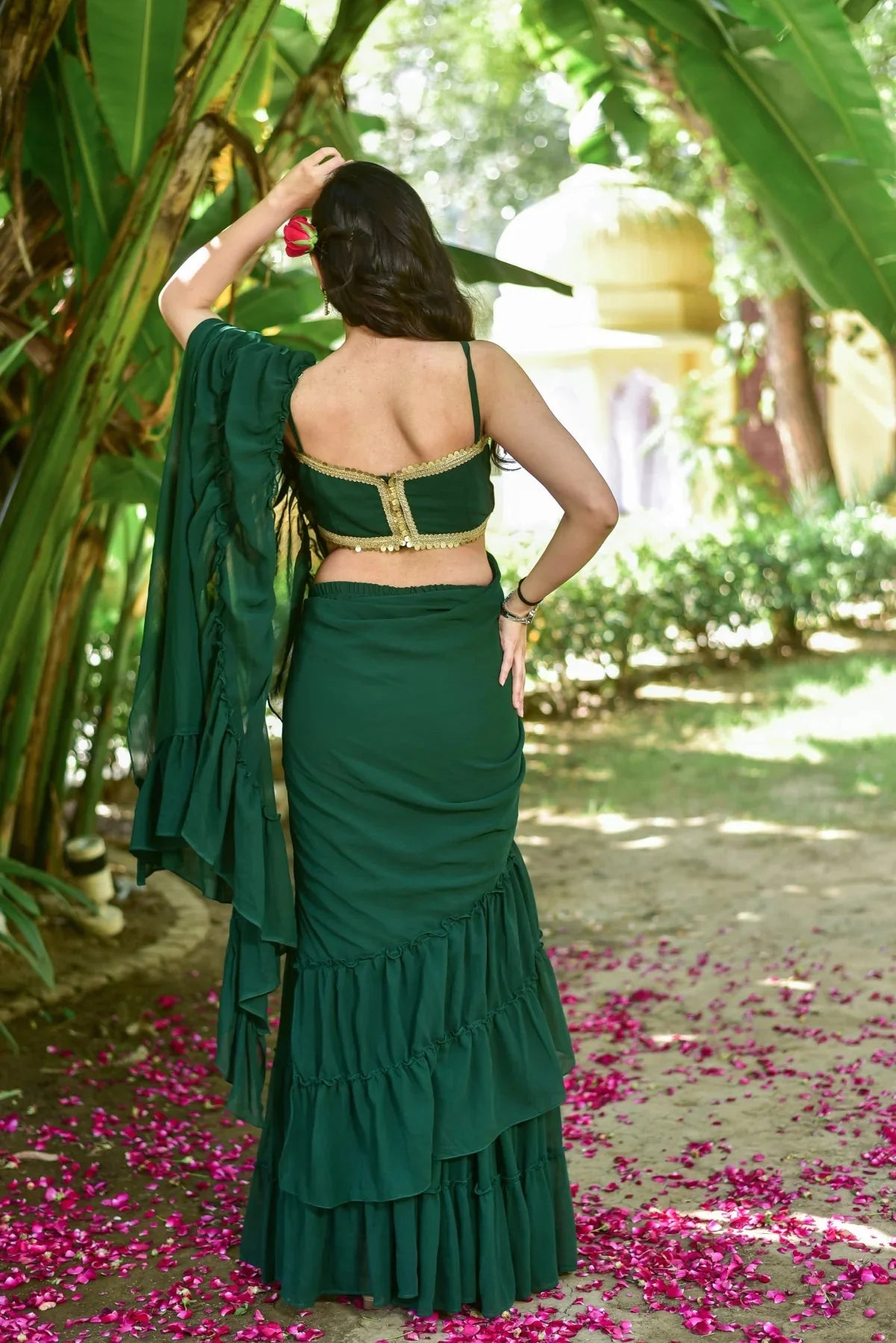 Bottle Green Georgette Sharara Saree Set - Luxury Fashion by Saroj Jain - View 5