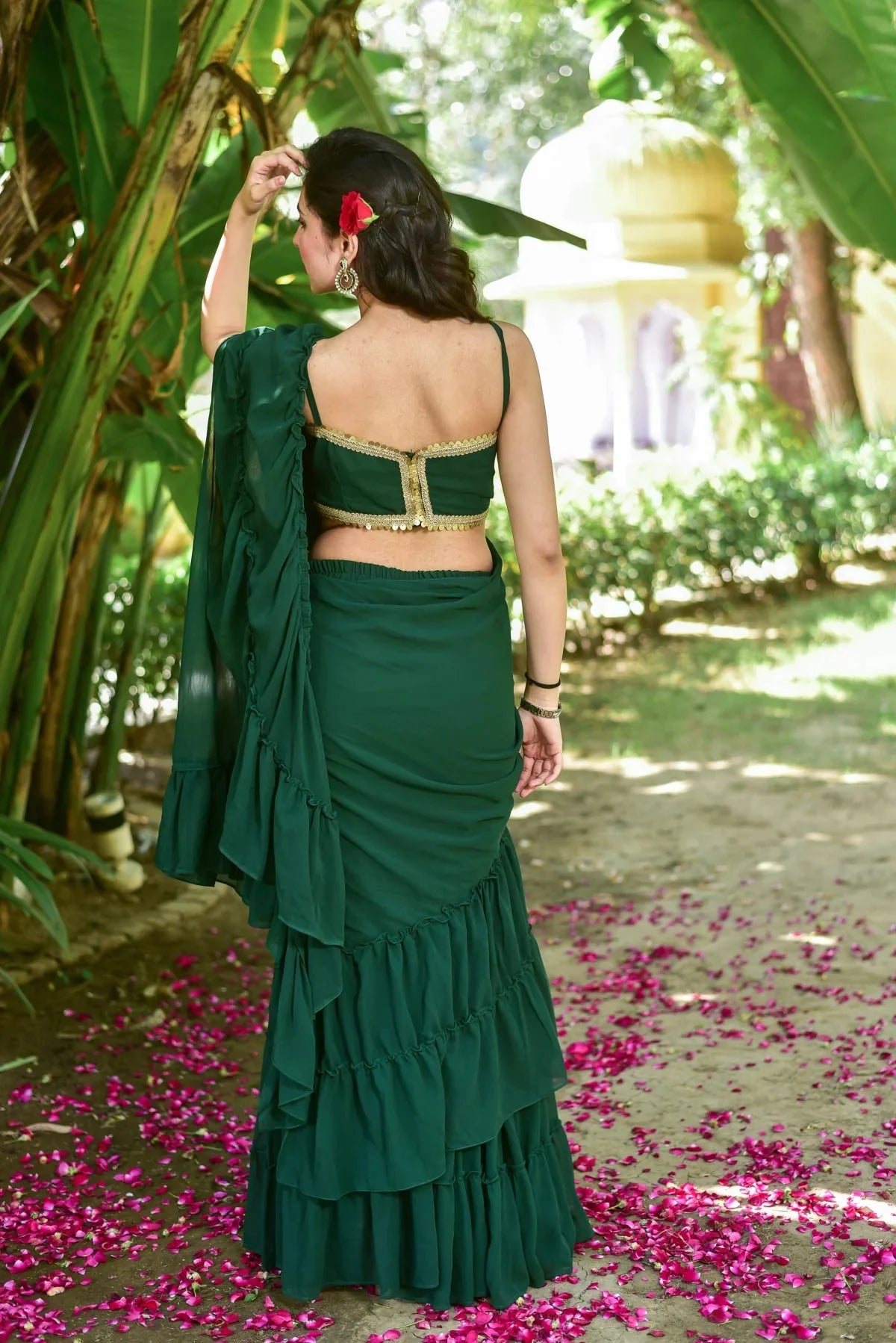Bottle Green Georgette Sharara Saree Set - Luxury Fashion by Saroj Jain - View 6