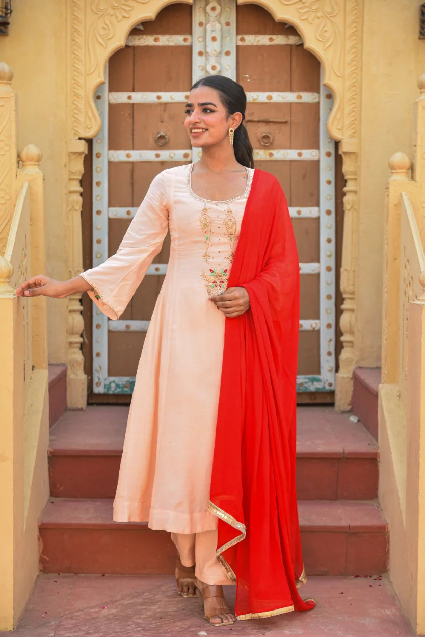 Peach Embroidery Kurta Set