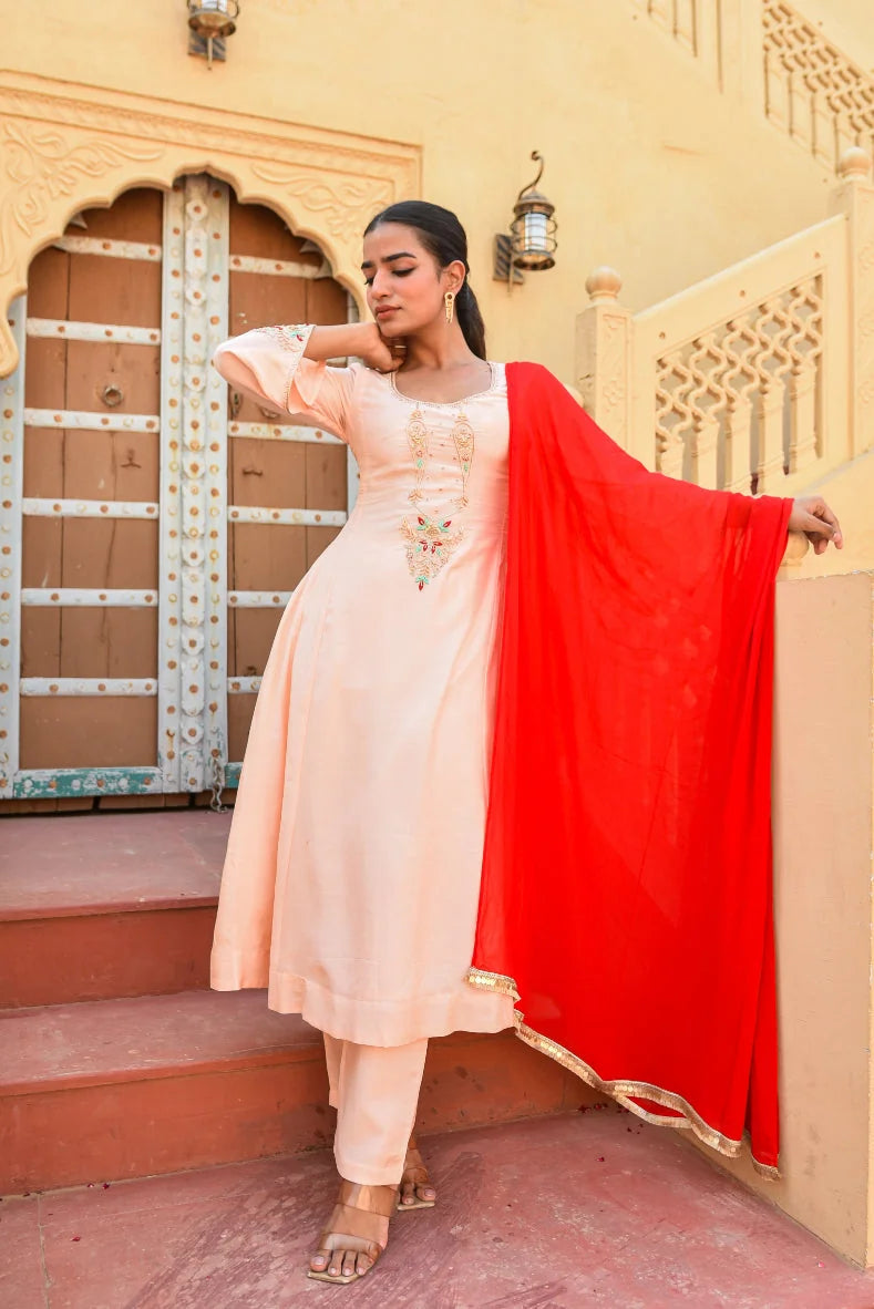 Peach Embroidery Kurta Set