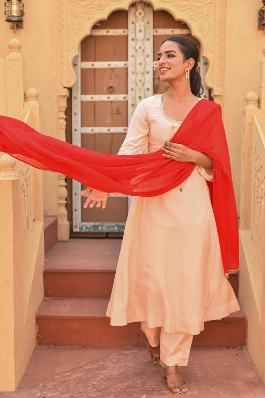 Peach Embroidery Kurta Set