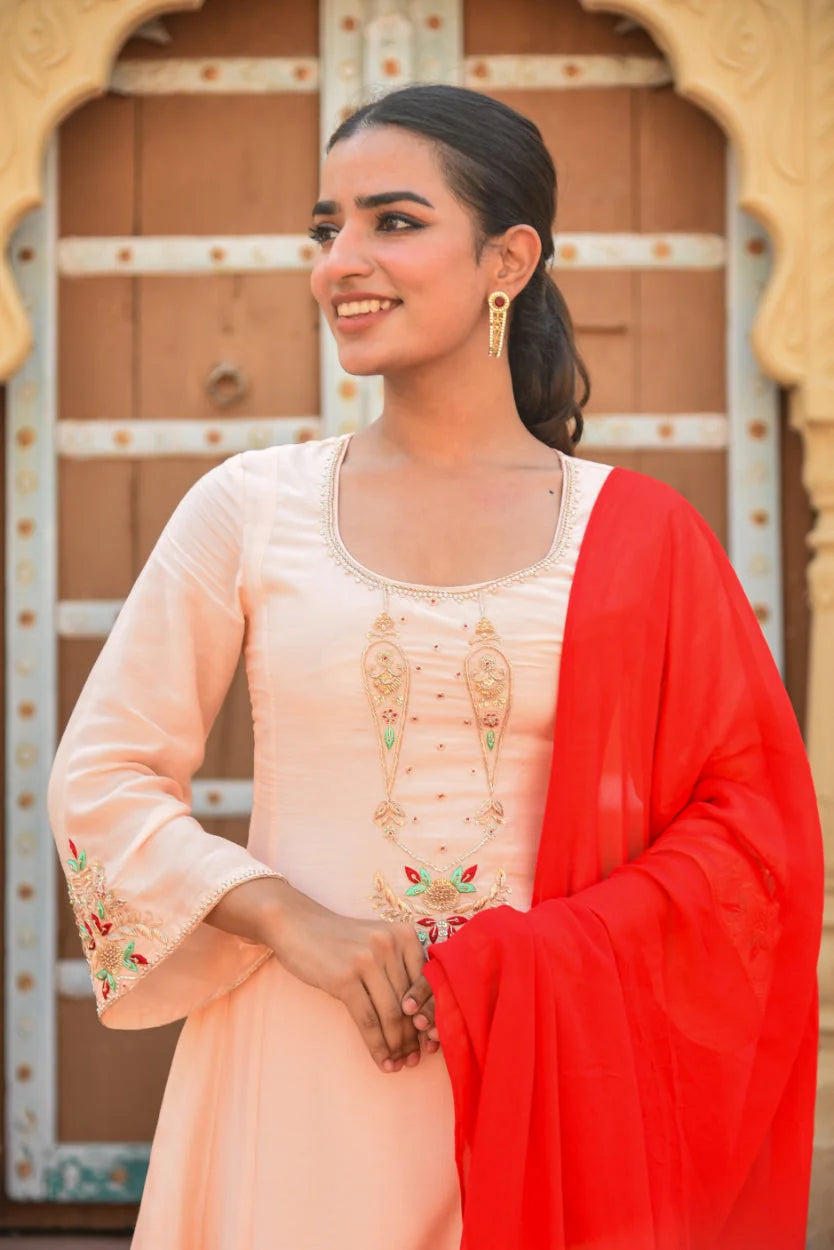 Peach Embroidery Kurta Set