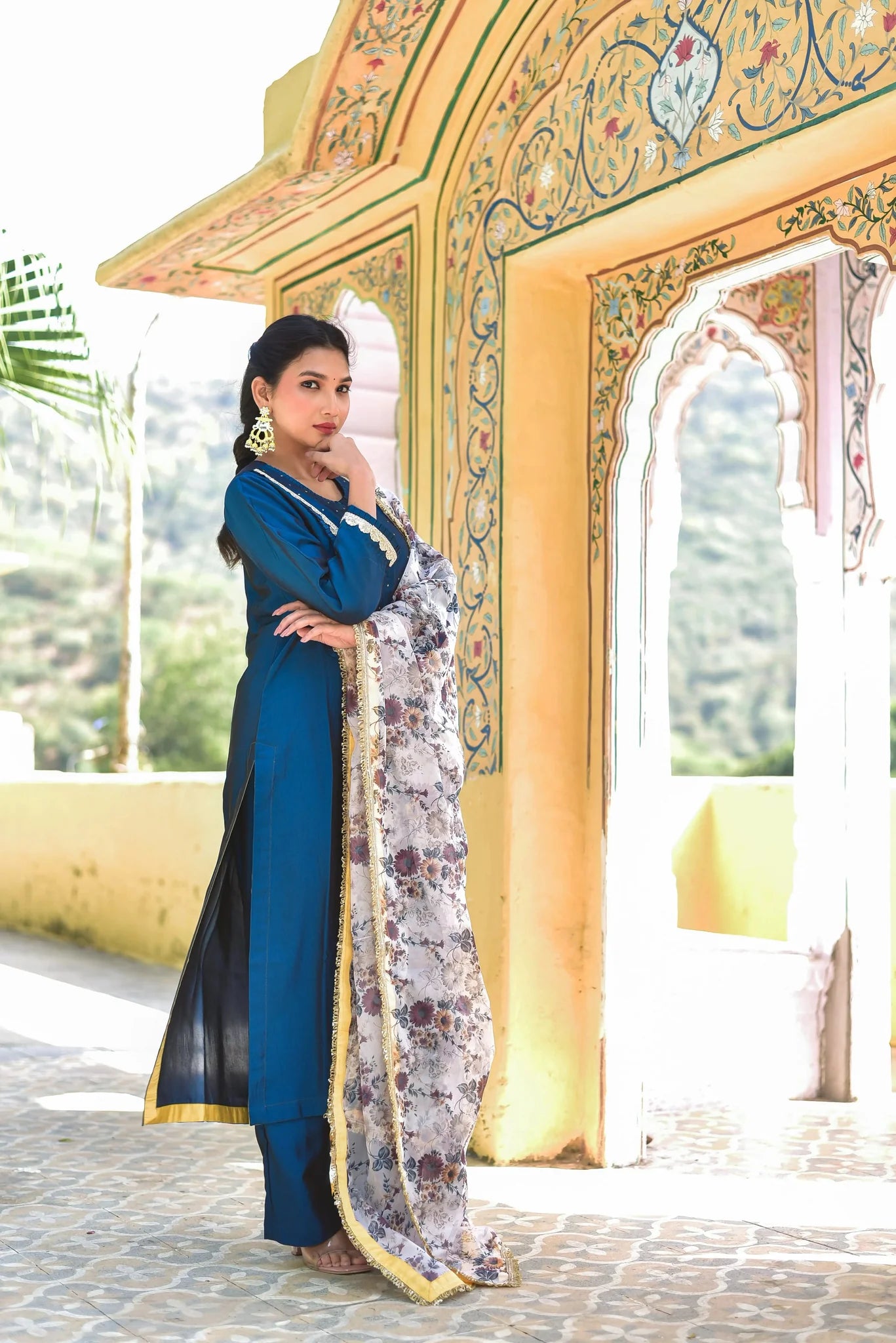 Peacock Blue Kurta & Pant With Floral Dupatta