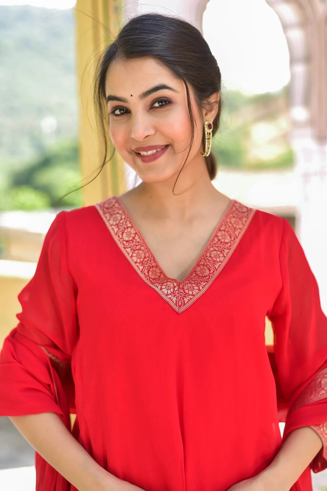 Classic Red Brocade Kurta Set - Luxury Fashion by Saroj Jain - View 4