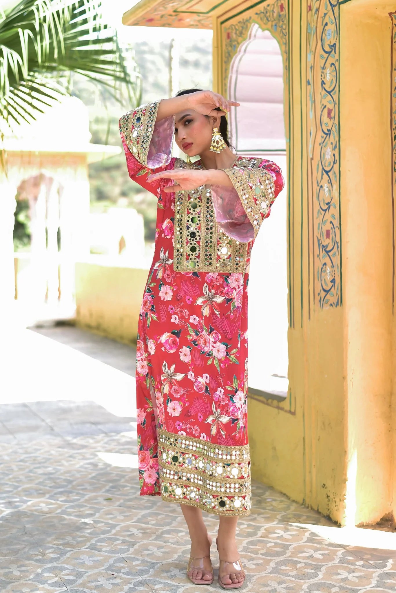 Floral Rosy Satin Afghani Dress