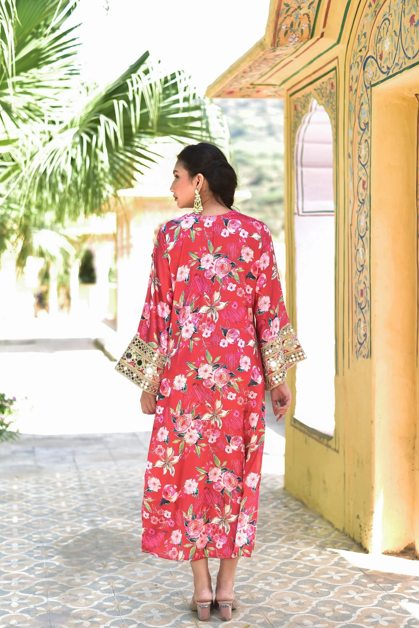 Floral Rosy Satin Afghani Dress