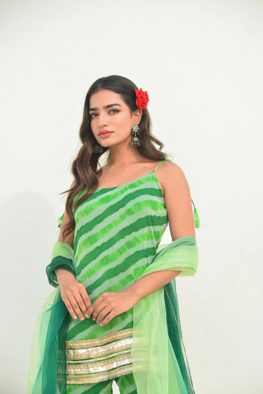 Green Leheriya Kurta Sharara Set
