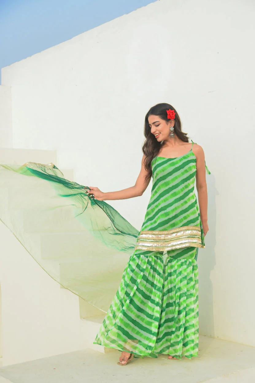 Green Leheriya Kurta Sharara Set