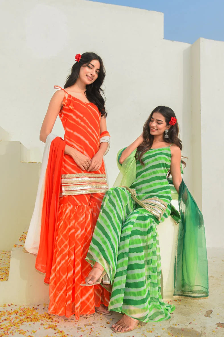 Green Leheriya Kurta Sharara Set
