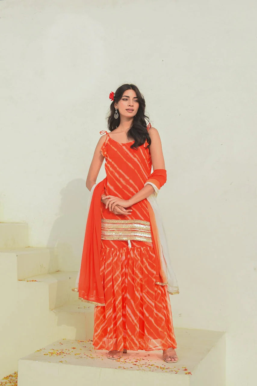 Orange Leheriya Kurta Sharara Set