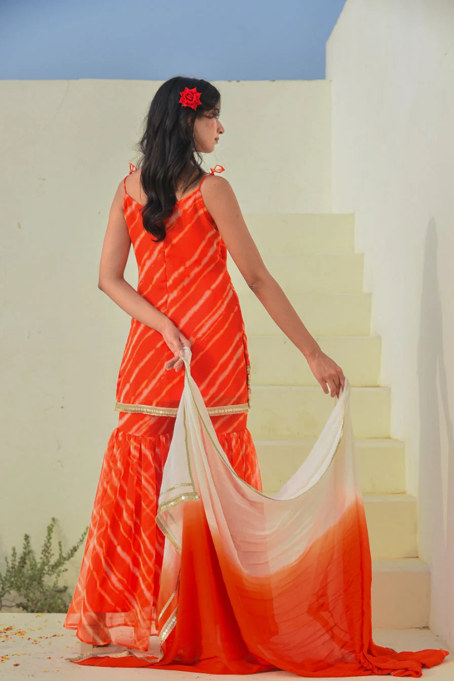 Orange Leheriya Kurta Sharara Set