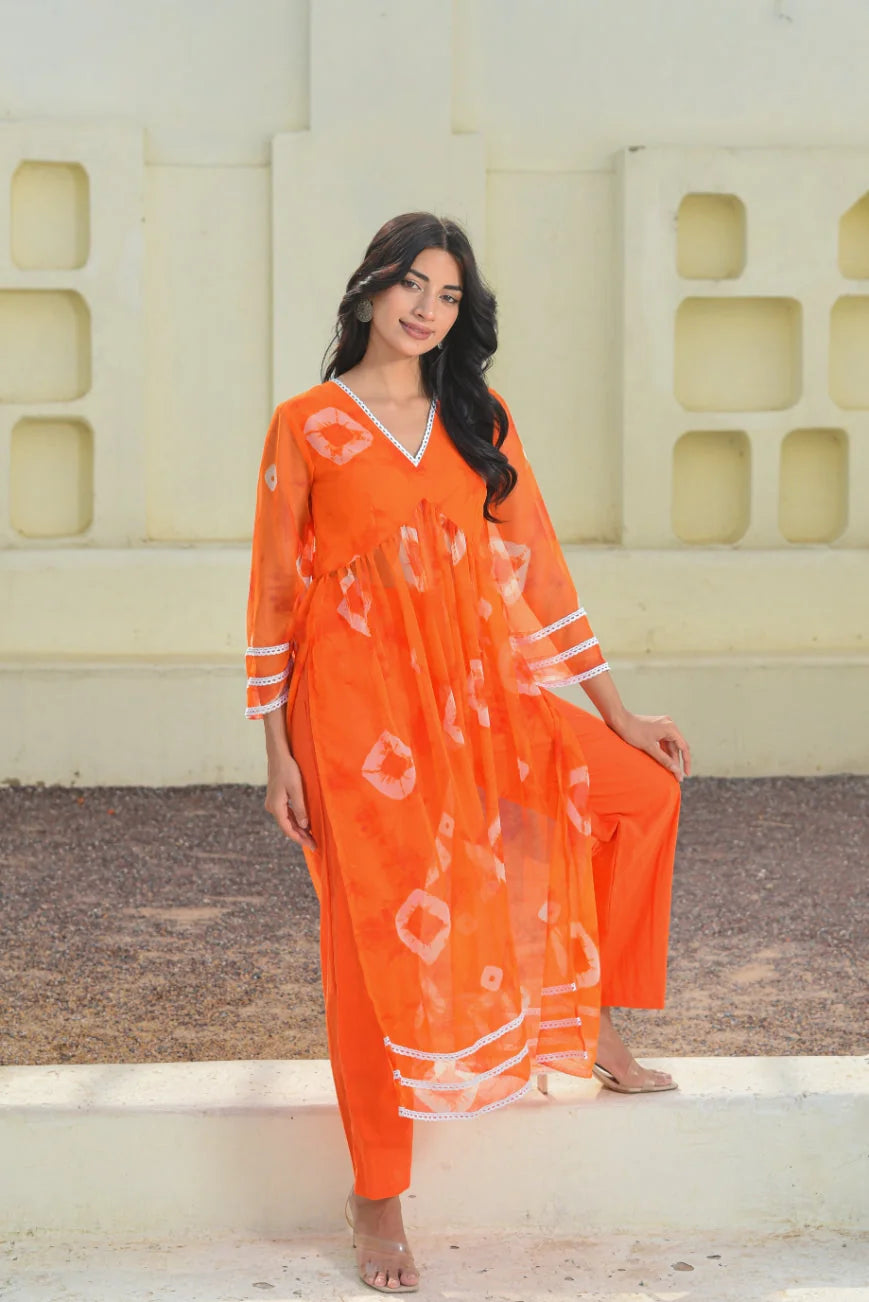 Tangerine Bhandej Kurta Set