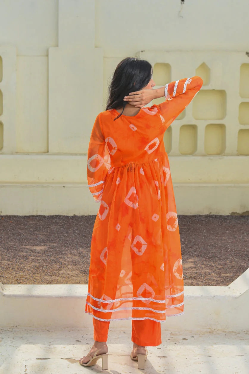 Tangerine Bhandej Kurta Set