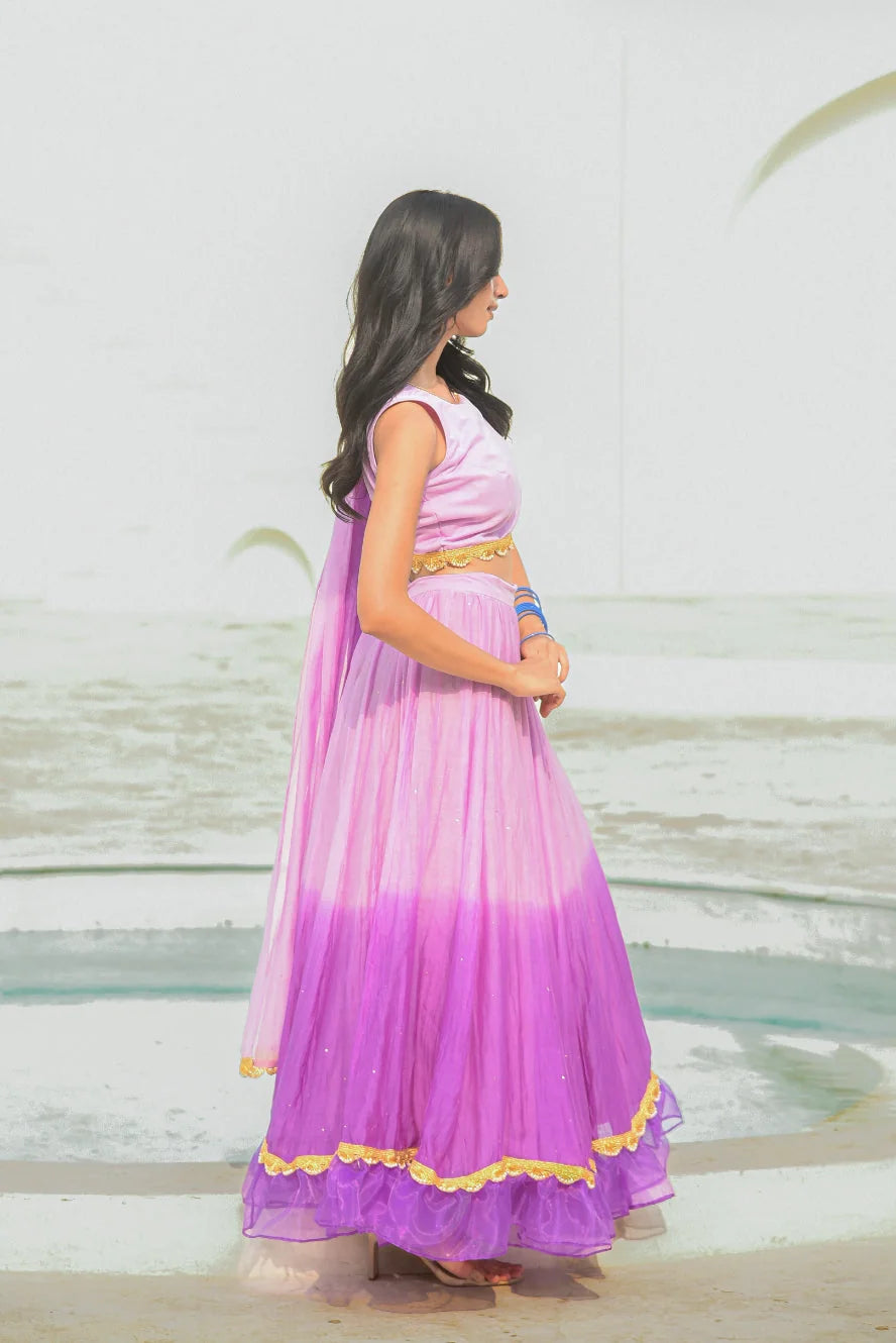 Lavender Aumbre Crop Top With Skirt Set