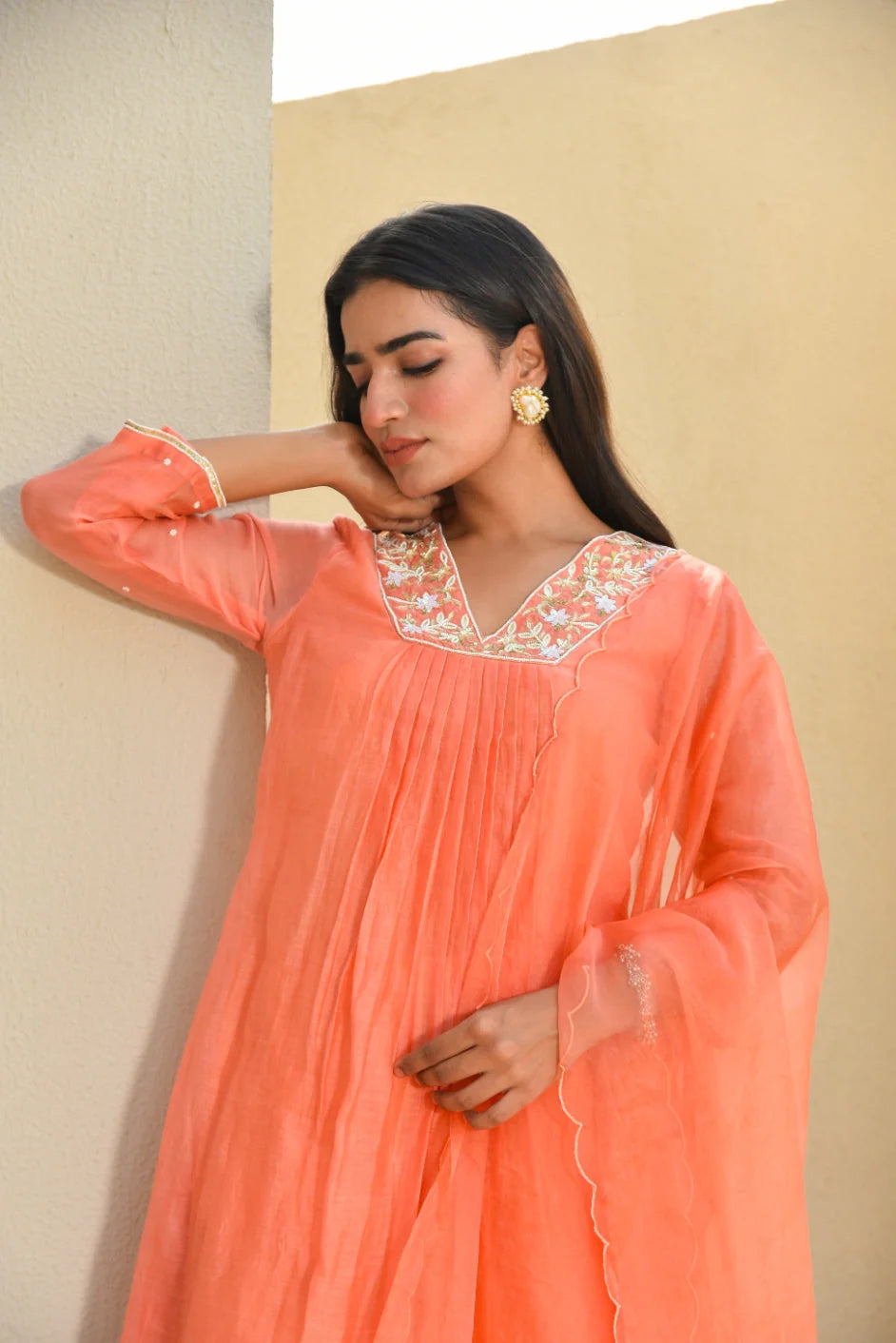 Plum Orange Pleated Kurta Set