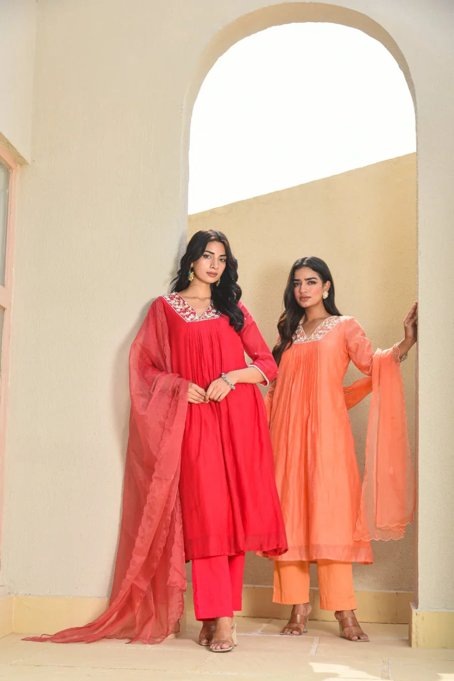 Pleated Kurta Set - Plum Orange