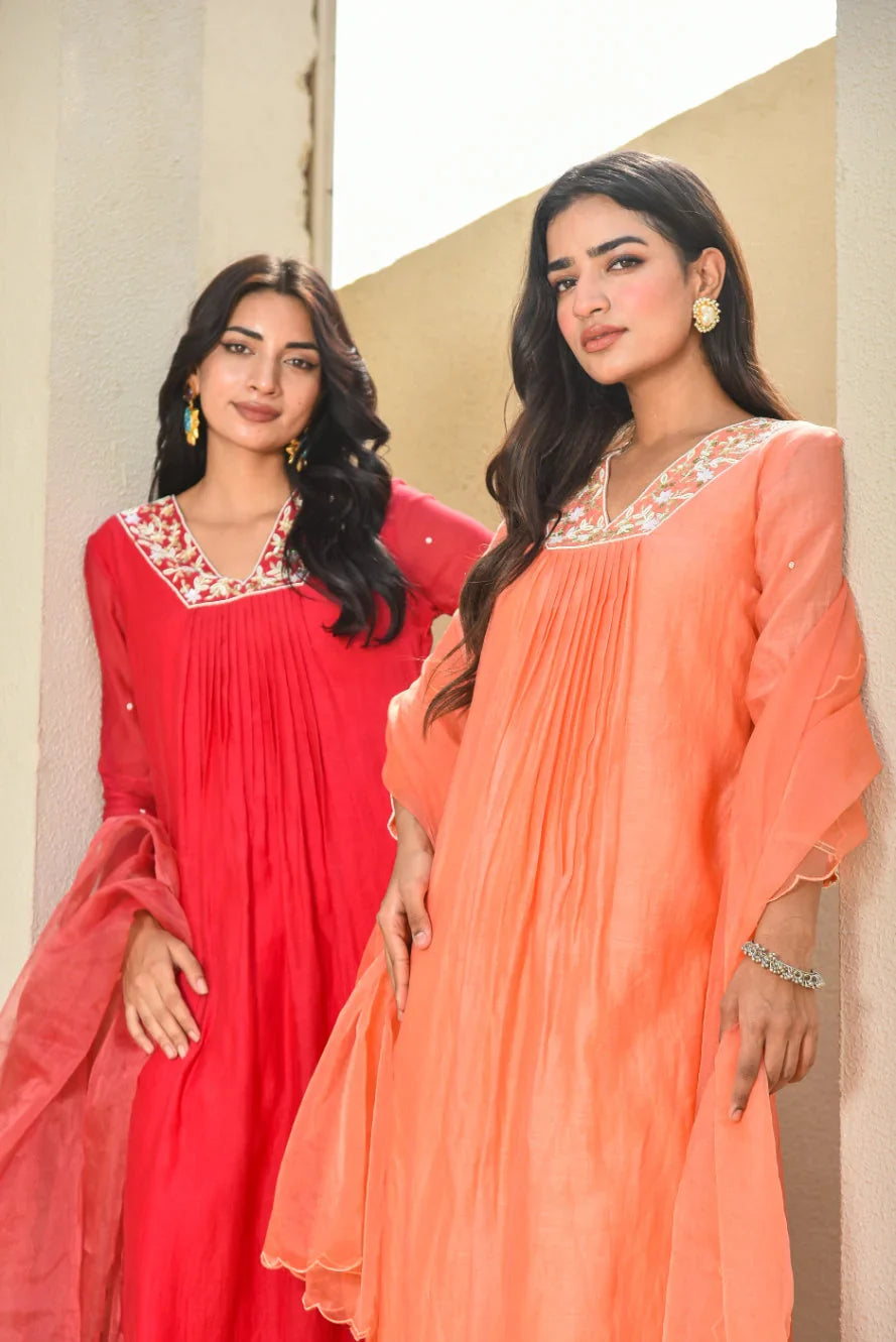Pleated Kurta Set - Plum Orange