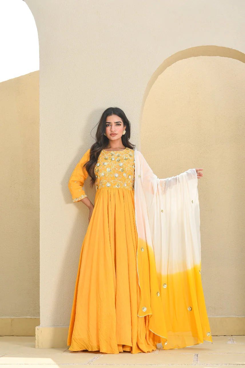 Yellow Heavy Work Anarkali Dress With Dupatta