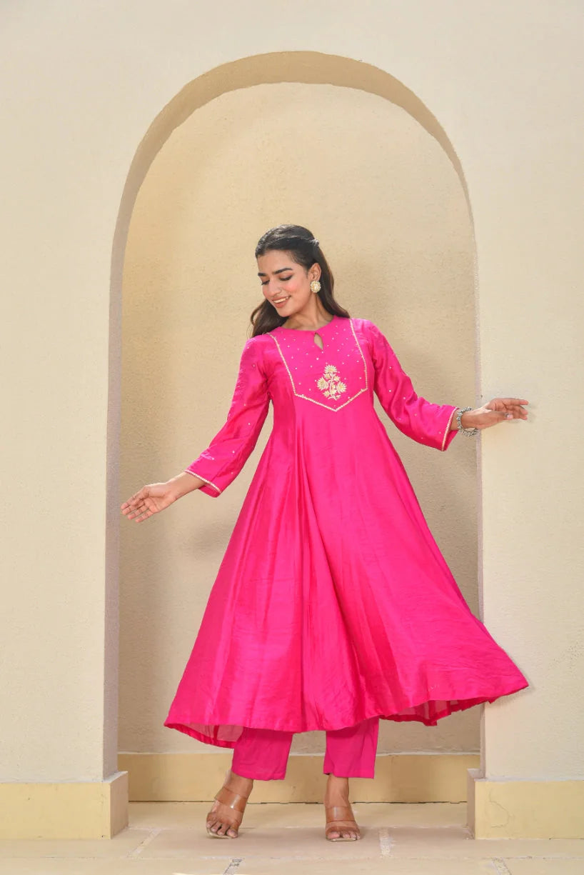 Hot Pink zardozi A-Line Kurta Set