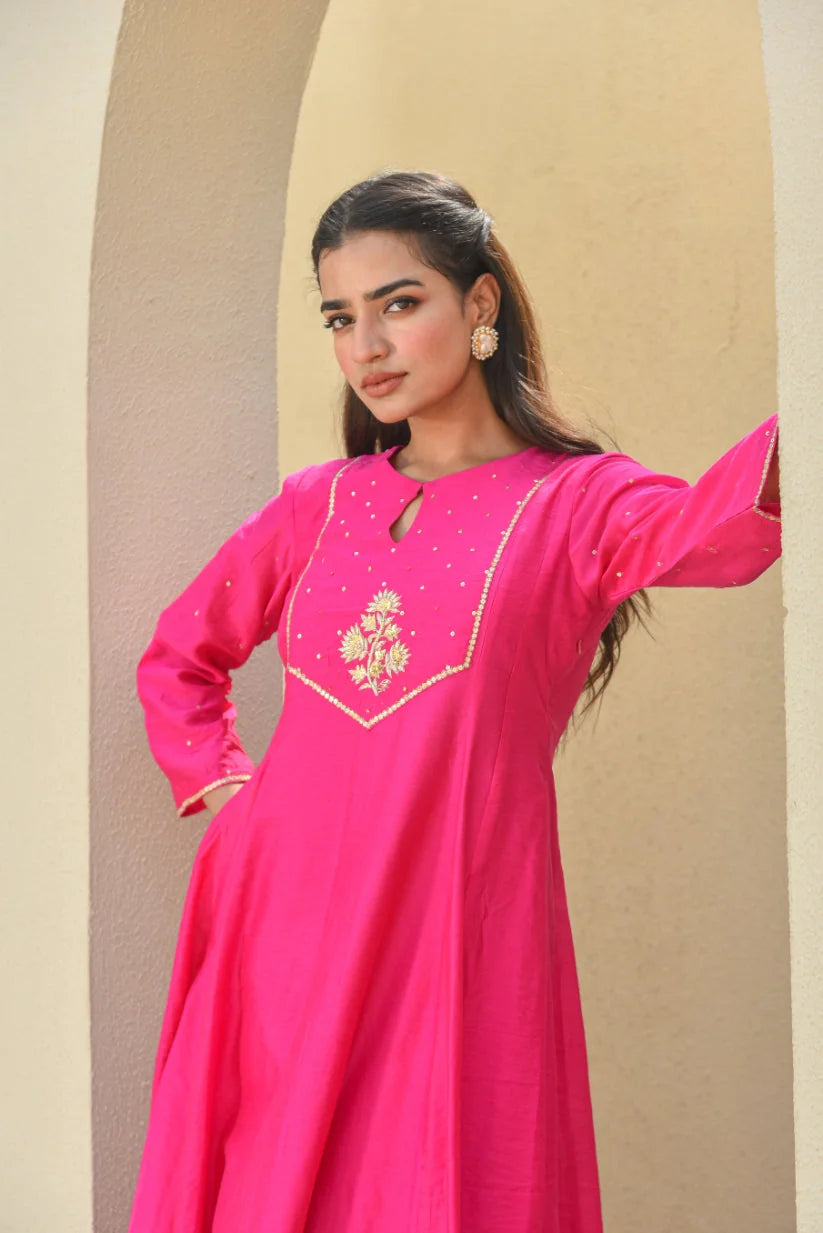 Hot Pink zardozi A-Line Kurta Set