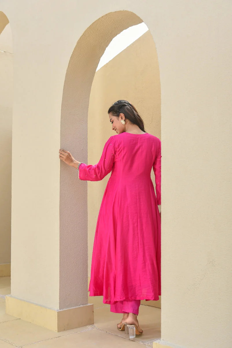 Hot Pink zardozi A-Line Kurta Set