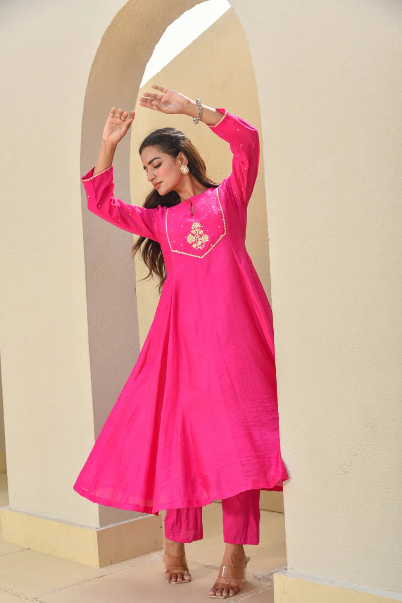 Hot Pink zardozi A-Line Kurta Set