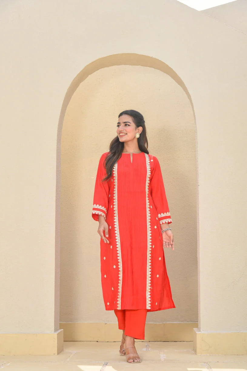 Classic Red Zari Silk Kurta Set - Luxury Fashion by Saroj Jain - View 6
