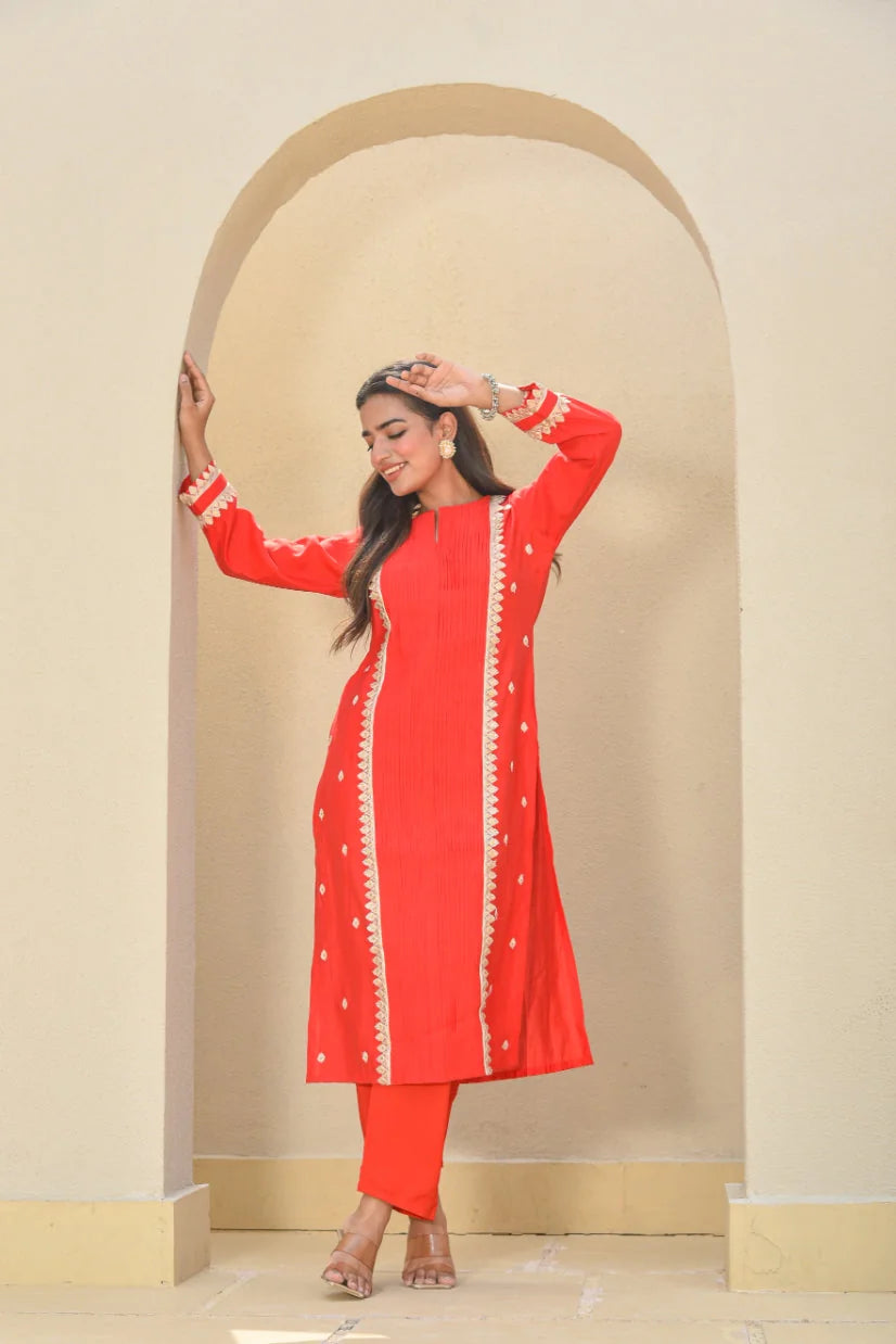Classic Red Zari Silk Kurta Set - Luxury Fashion by Saroj Jain - View 1
