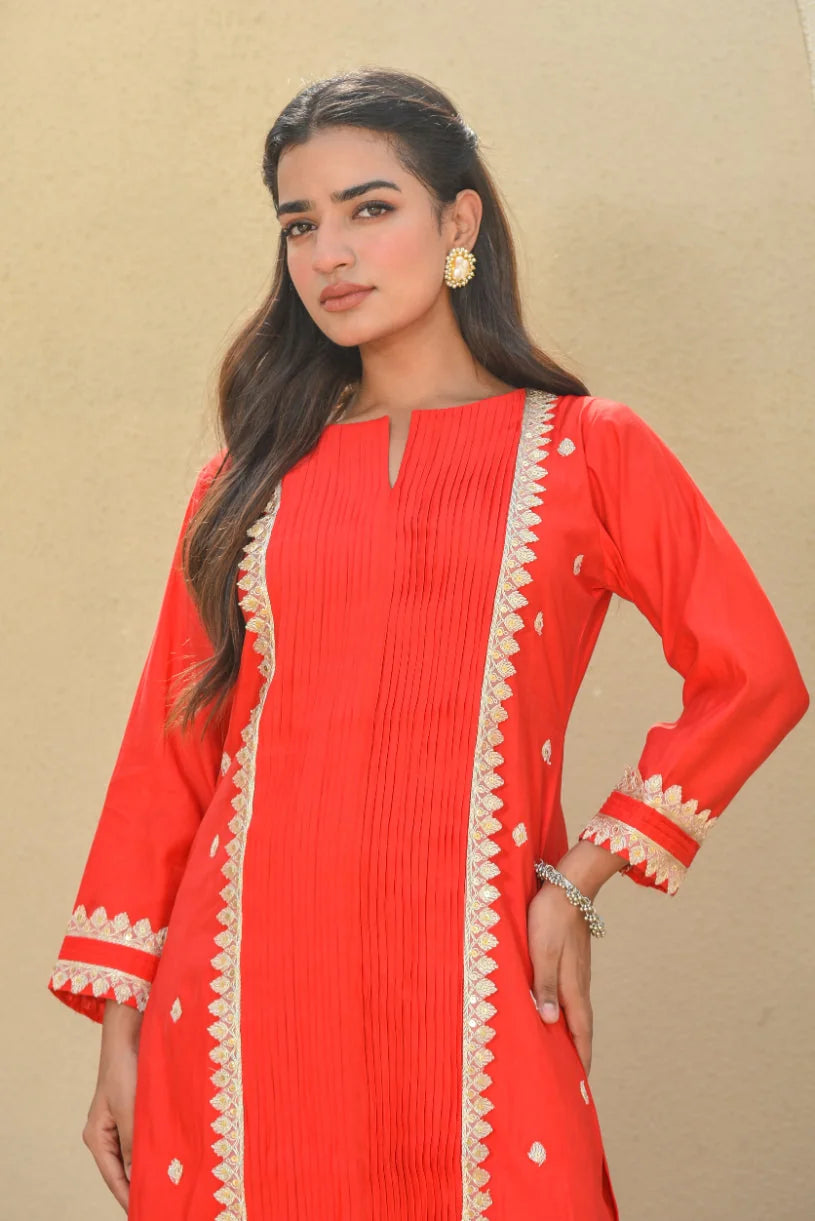 Classic Red Zari Silk Kurta Set - Luxury Fashion by Saroj Jain - View 3