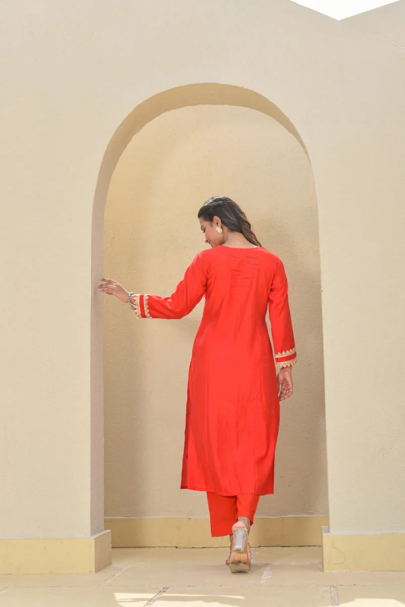 Classic Red Zari Silk Kurta Set - Luxury Fashion by Saroj Jain - View 4