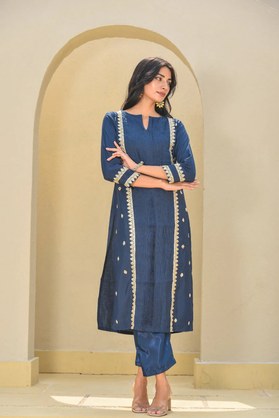 Navy Blue Zari Silk Kurta Set