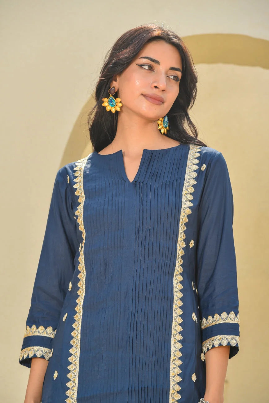 Navy Blue Zari Silk Kurta Set