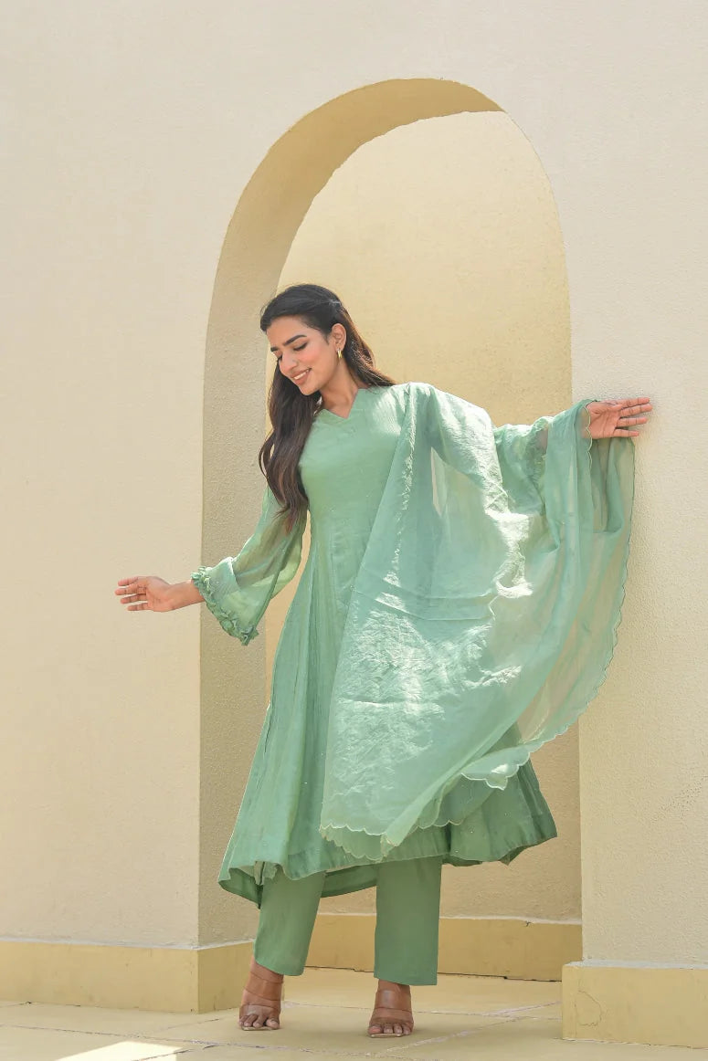 Fern Green Mukesh Work A-line Kurta Set