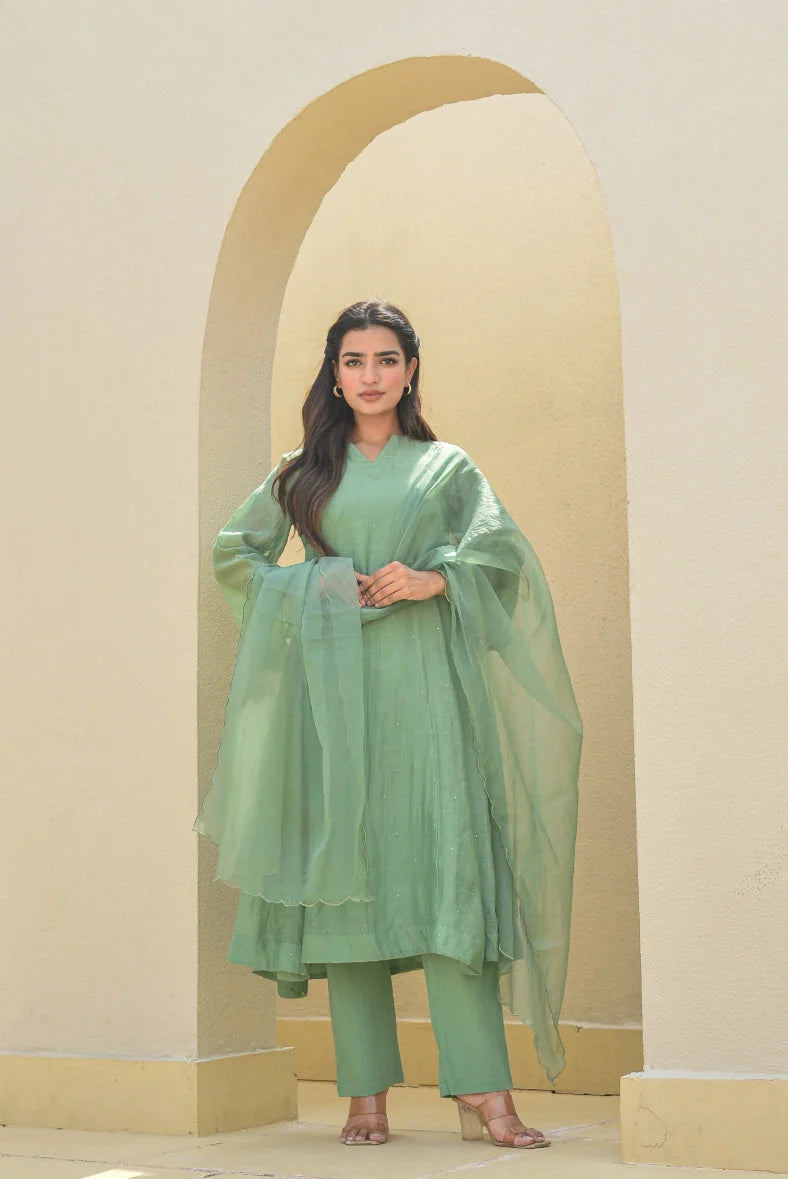 Fern Green Mukesh Work A-line Kurta Set