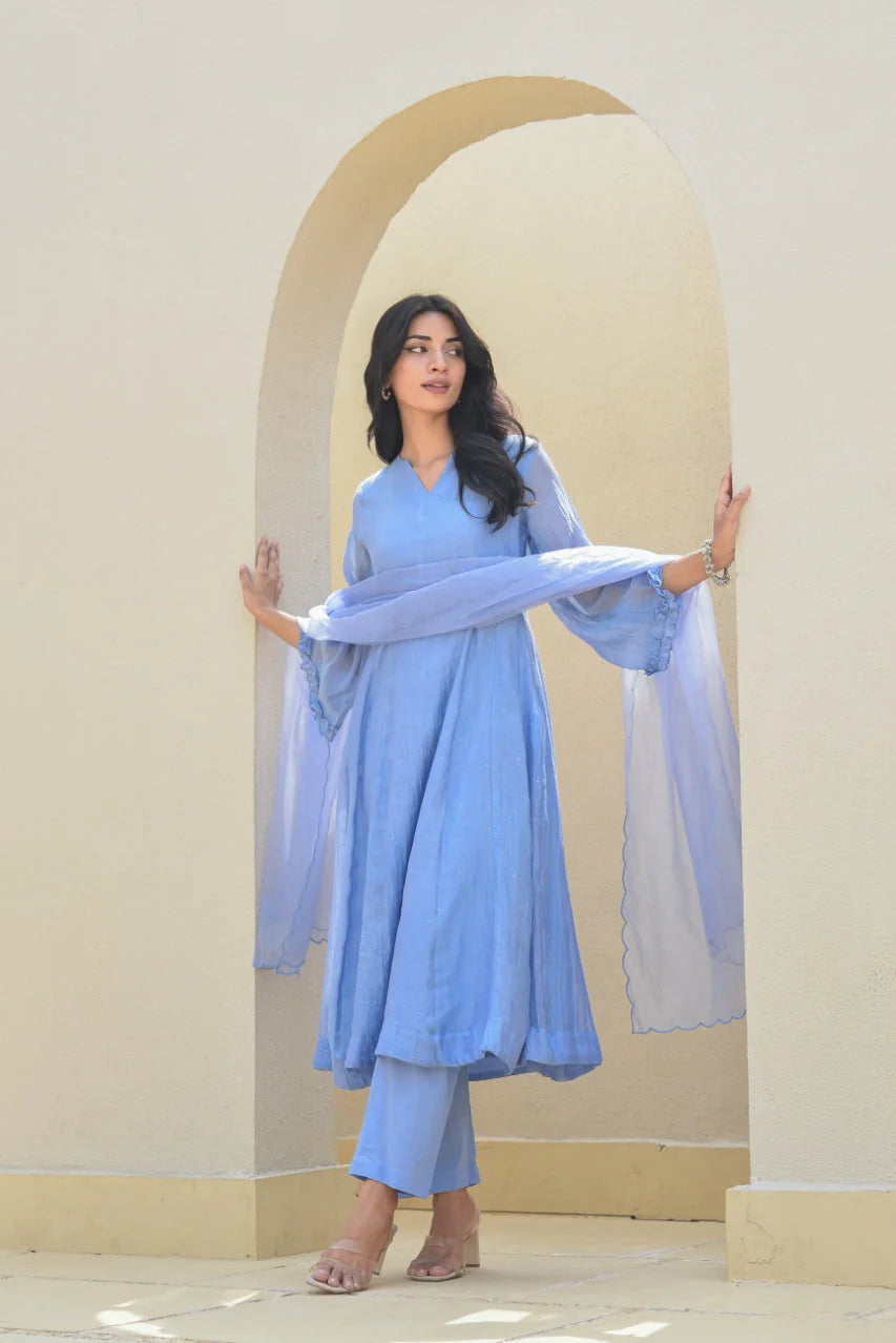 Ice Blue Mukesh Work A-line Kurta Set