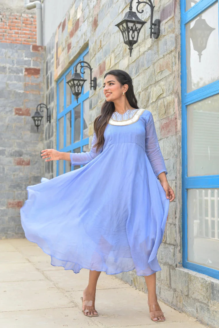 Baby Blue Asymmetrical Dress - Luxury Fashion by Saroj Jain - View 5