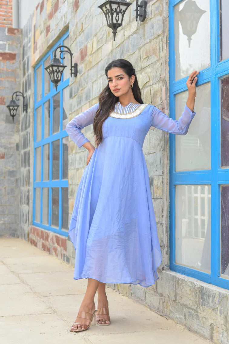 Baby Blue Asymmetrical Dress - Luxury Fashion by Saroj Jain - View 8