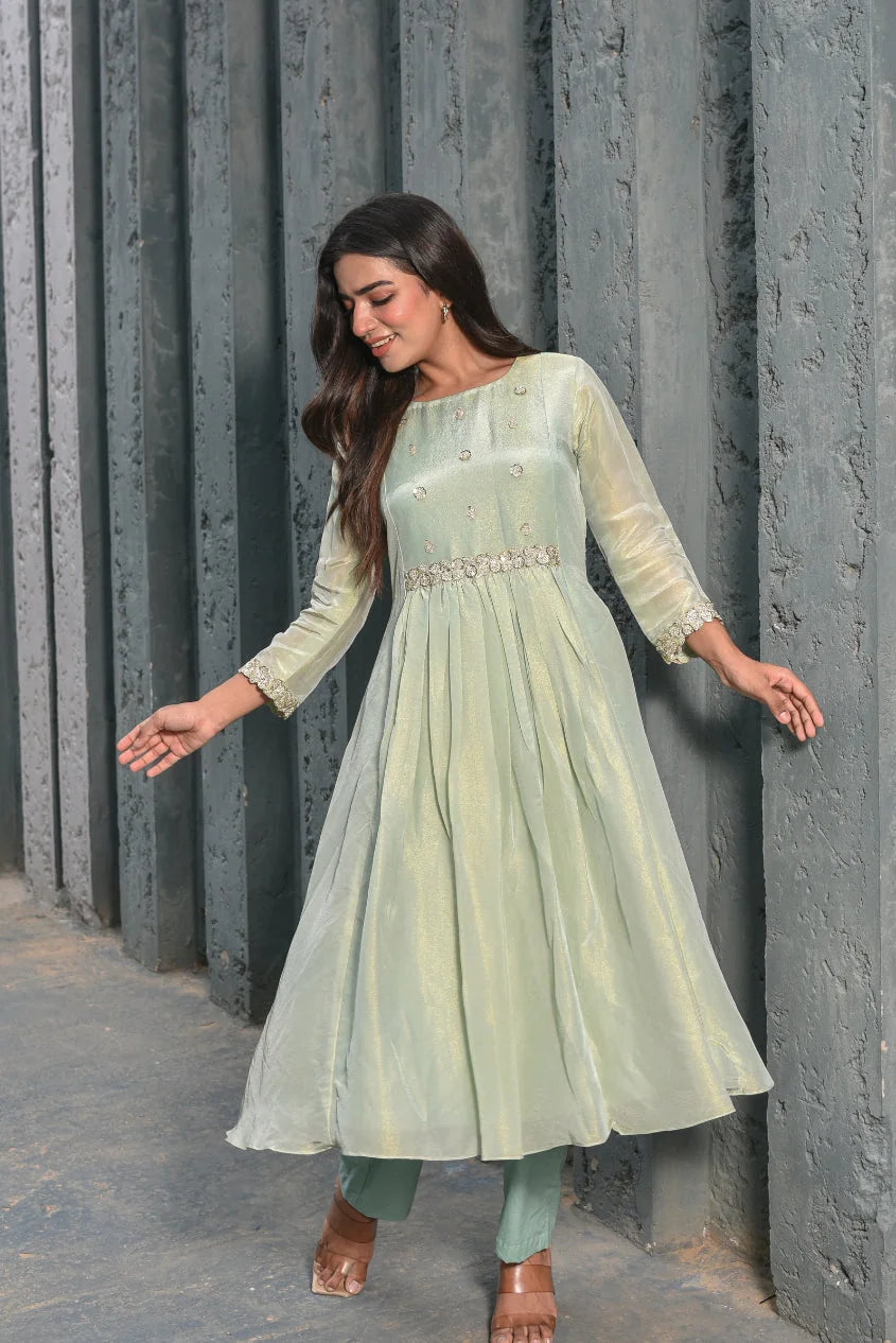 Moss Green Zari Silk Anarkali Set