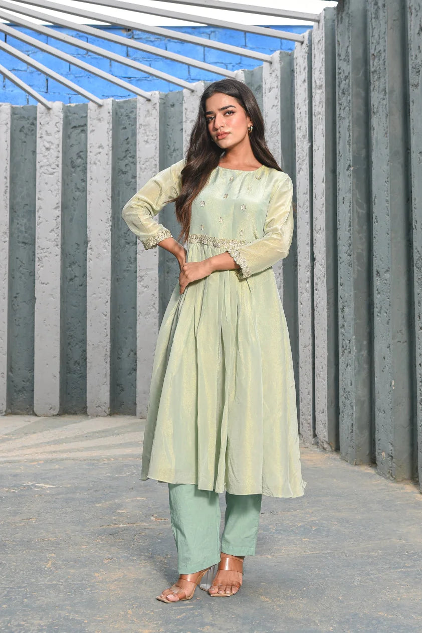 Moss Green Zari Silk Anarkali Set