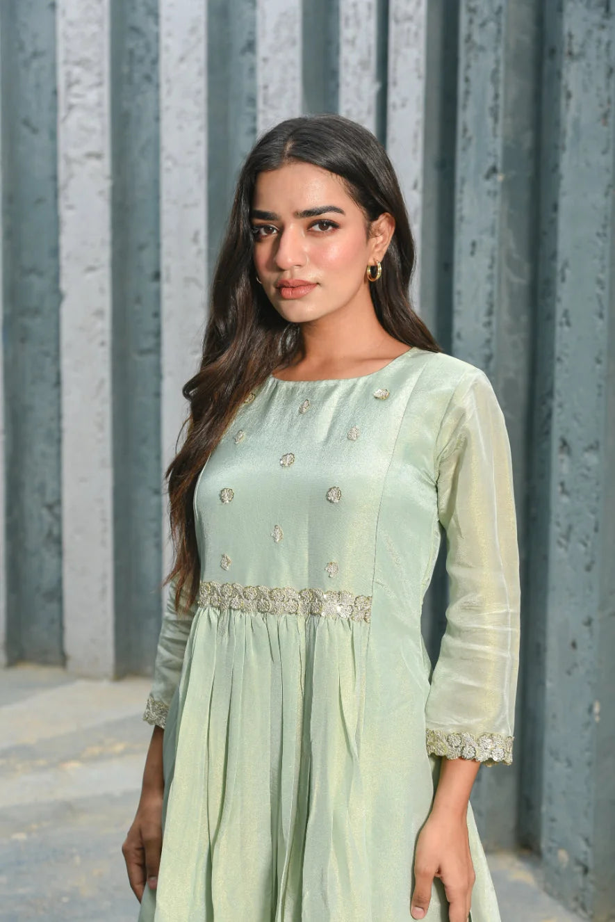 Moss Green Zari Silk Anarkali Set