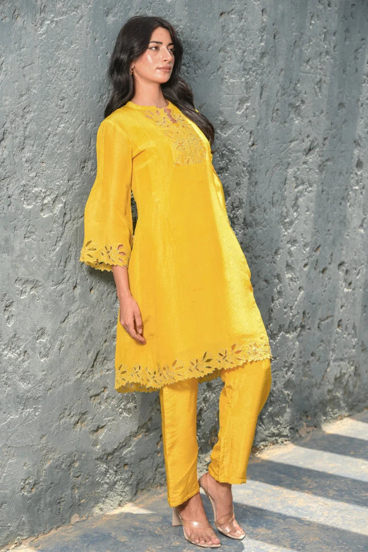 Daffodil Yellow Zari Silk Kurta Set - Luxury Fashion by Saroj Jain - View 4