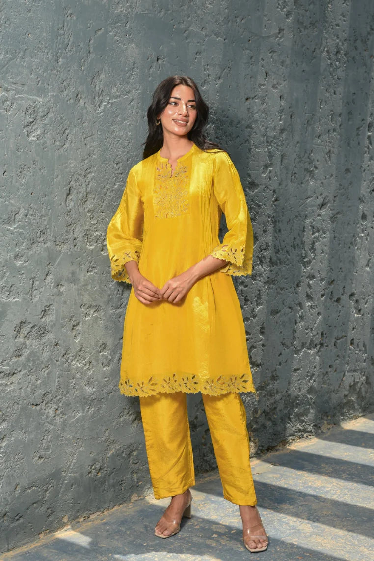 Daffodil Yellow Zari Silk Kurta Set - Luxury Fashion by Saroj Jain - View 6