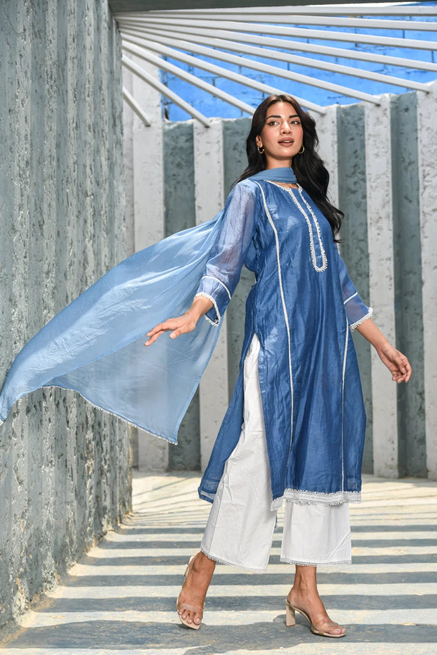 Steel Blue Chanderi Kurta Set