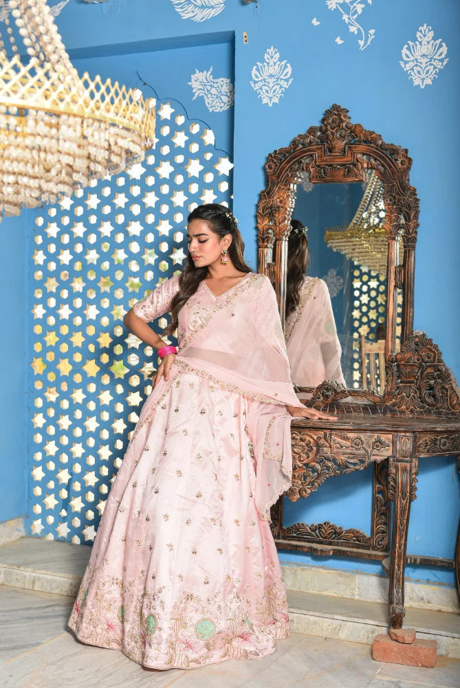Blush Pink Heavy Embroidery Lehenga Set - Luxury Fashion by Saroj Jain - View 6